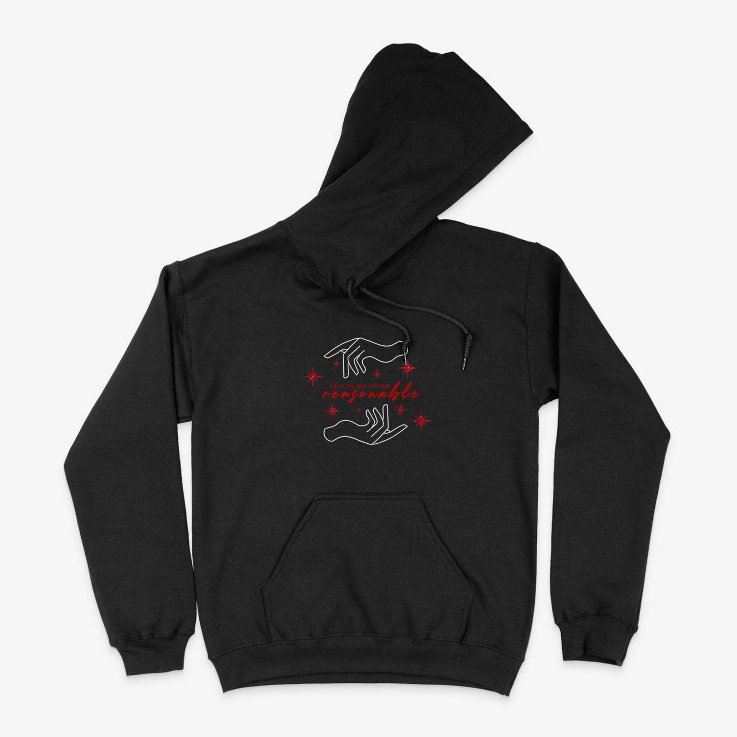 Black hoodie sweater featuring hand design, sparkly red stars, and the phrase "This is me being resasonable" .