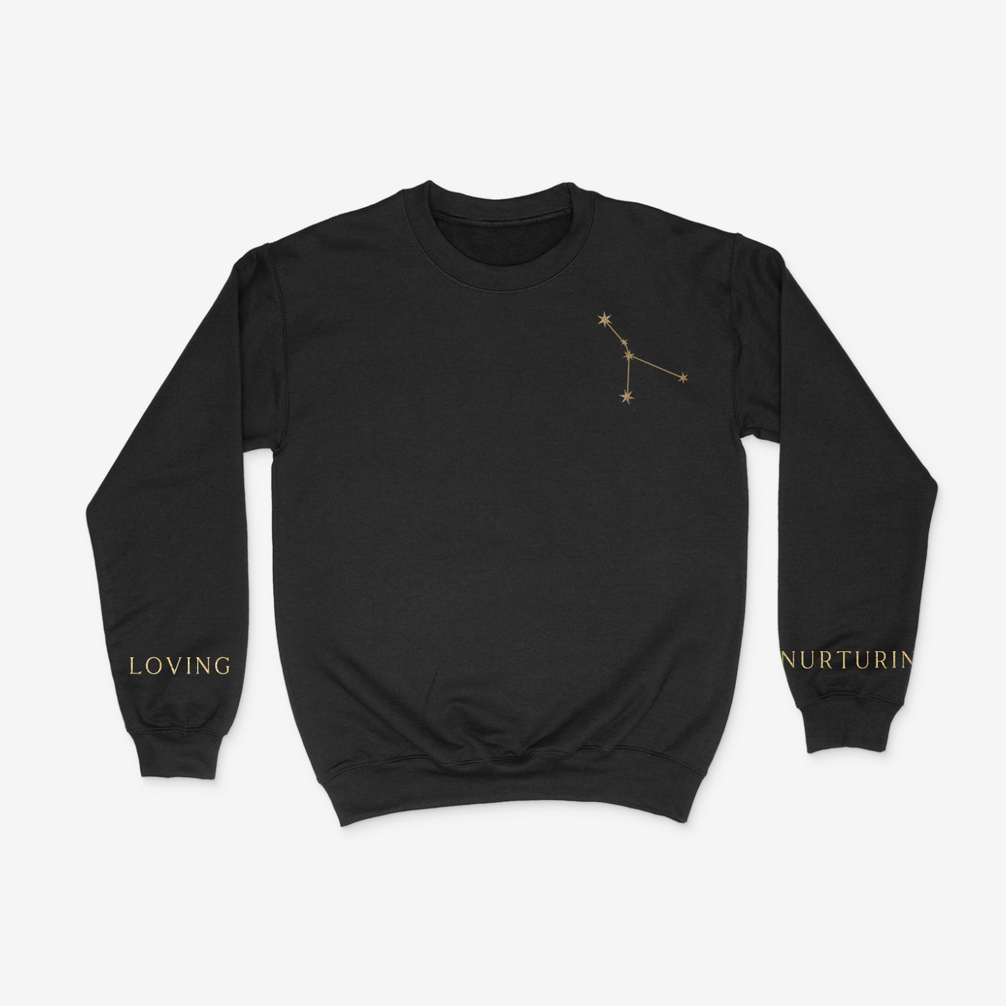 Black crewneck sweater with gold cancer constellation on upper right chest pocket area and "loving" and "nurturing" written on the wrists of either sleeve