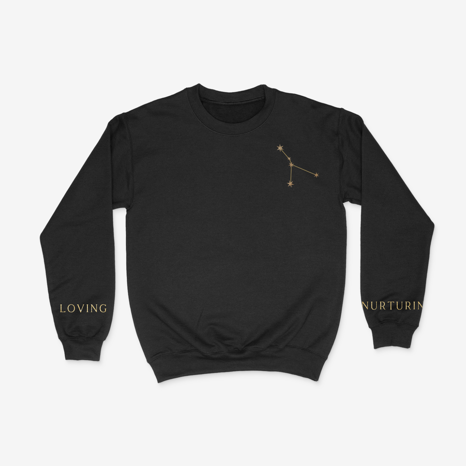 Black crewneck sweater with gold cancer constellation on upper right chest pocket area and "loving" and "nurturing" written on the wrists of either sleeve