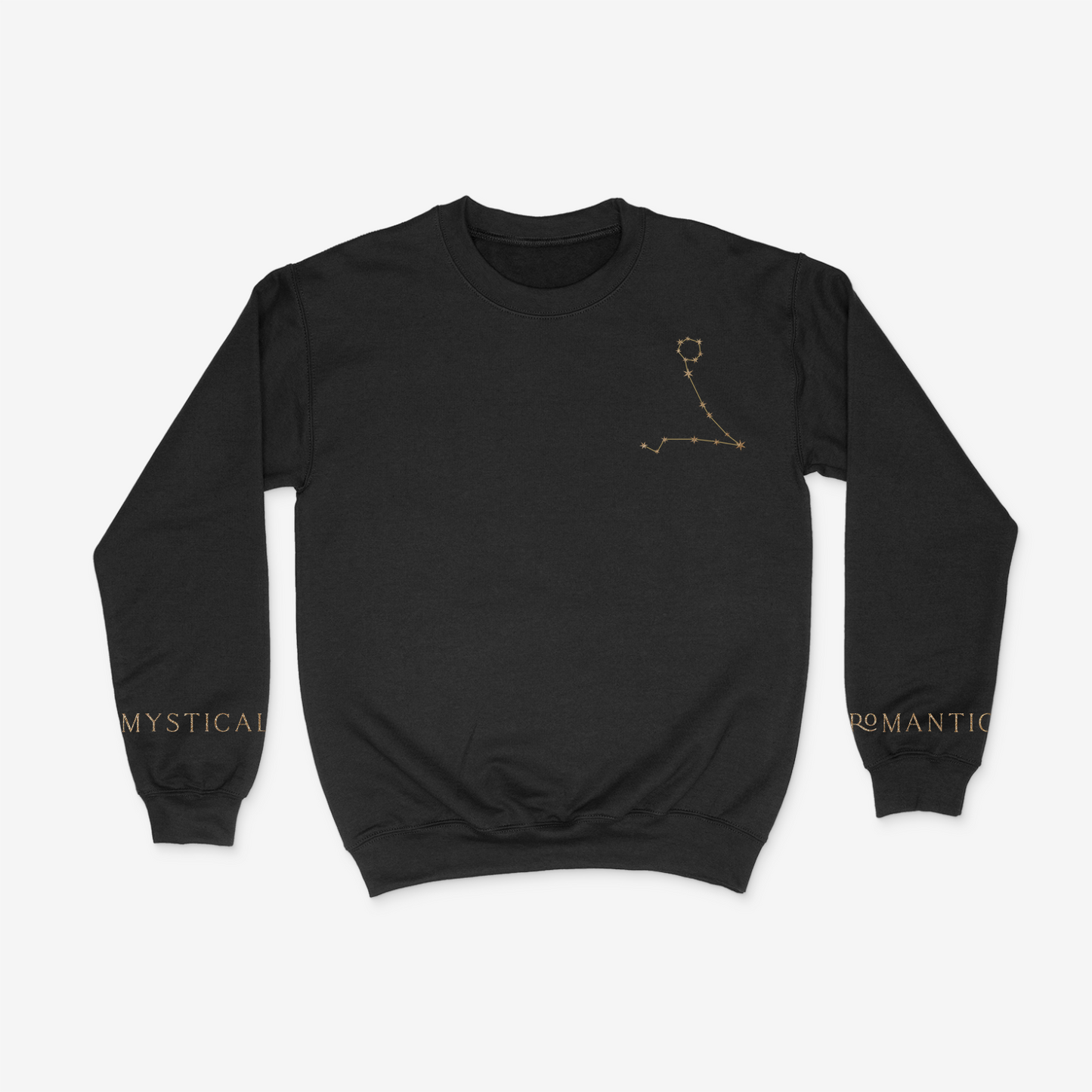 Black crewneck sweater with gold Pisces constellation on upper right chest pocket area and "mystical" and "romantic" written on the wrists of either sleeve