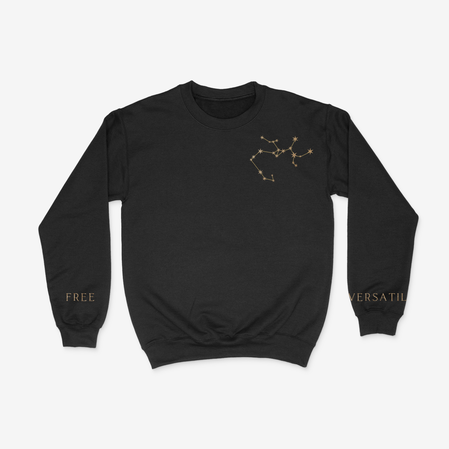 Black crewneck sweater with gold Sagittarius constellation on upper right chest pocket area and "free" and "versatile" written on the wrists of either sleeve