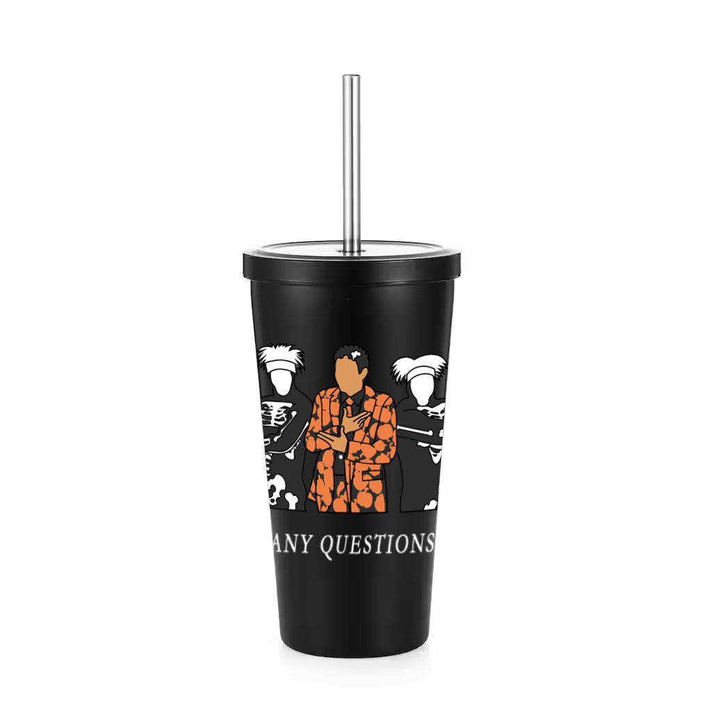 Black tumbler with metal straw featuring design of two skeletons and man wearing pumpkin suit, and the phrase "Any questions?" in all capital letters. 